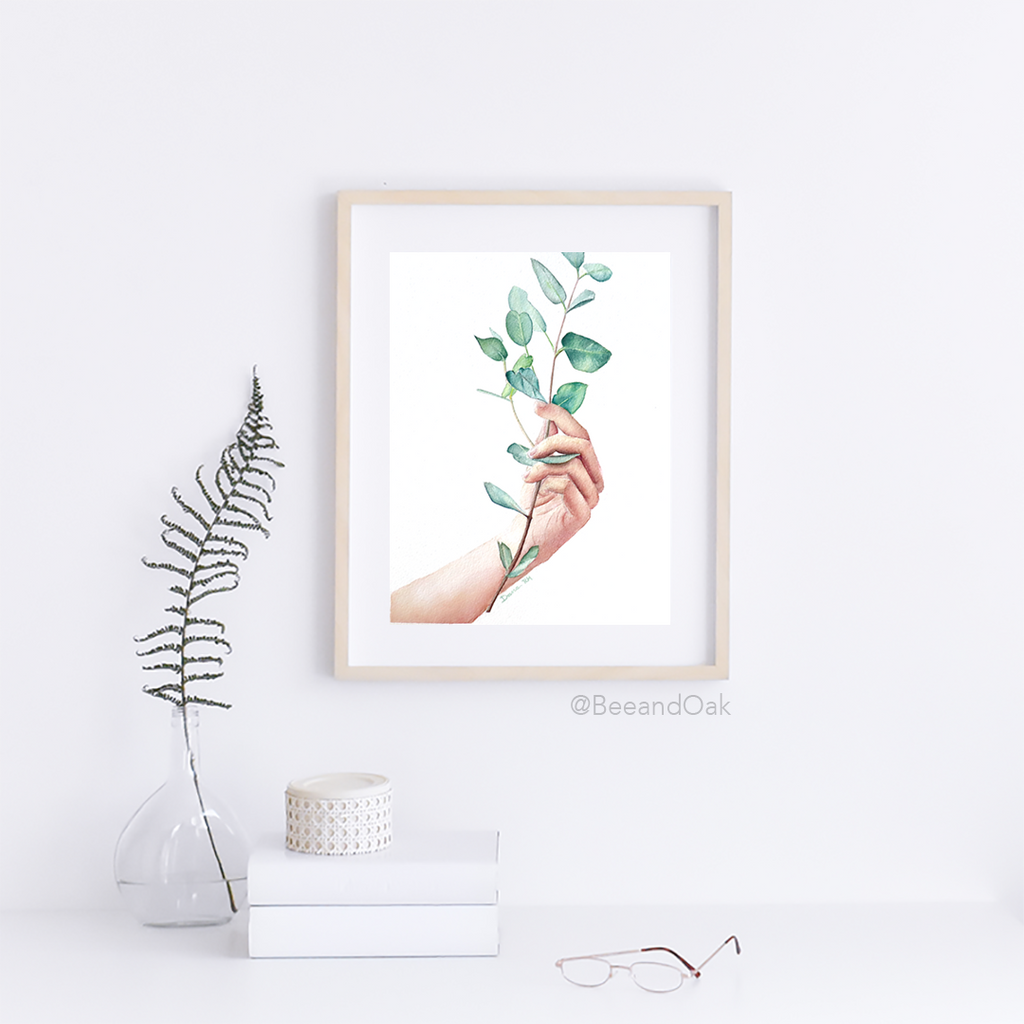 Hand & Leaves - Watercolor Art Print - Bee & Oak